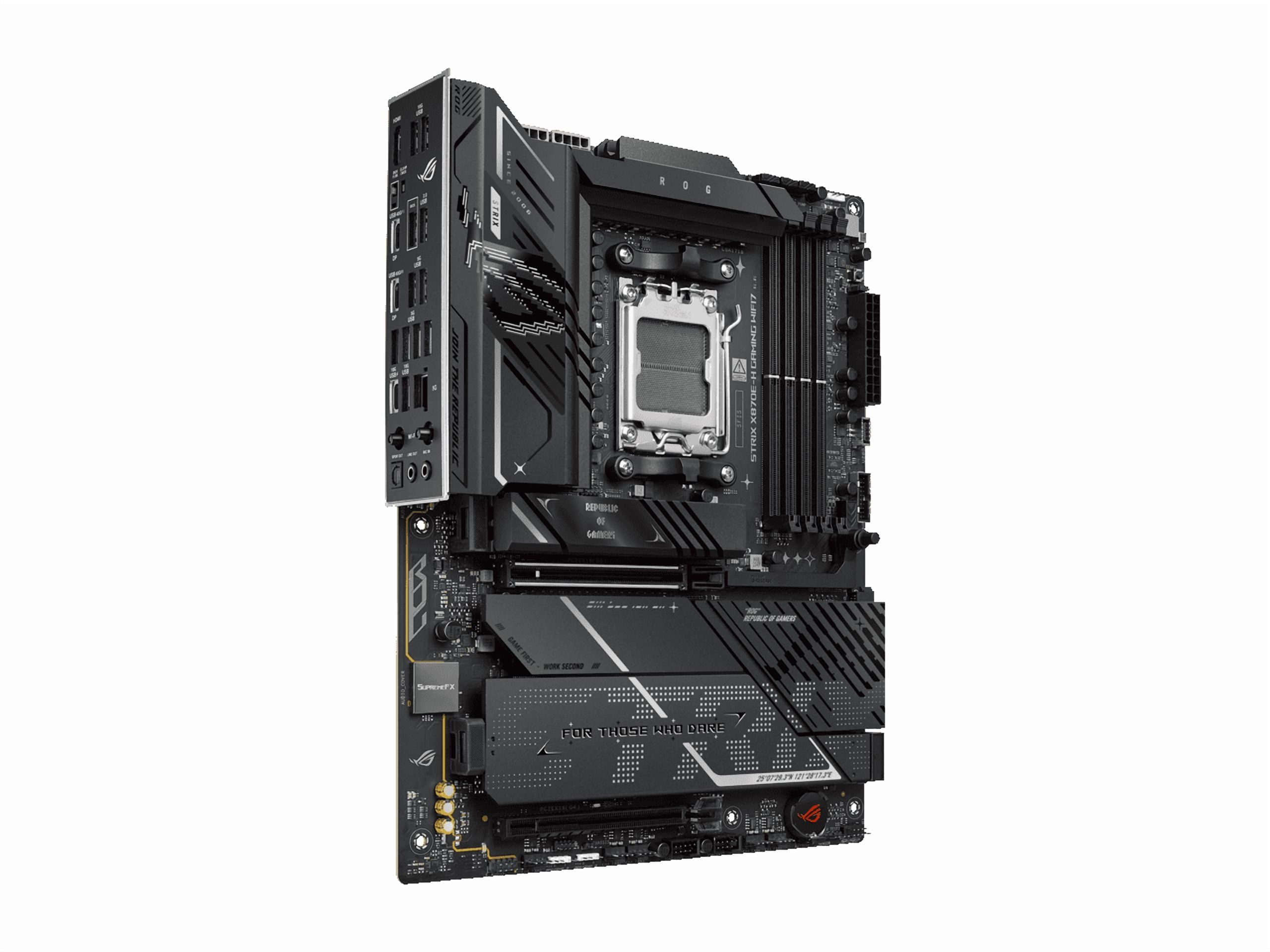 ASUS ROG STRIX X870E-H GAMING WIFI7 AMD X870E-H ATX motherboard with 16+2+1 power stages, Dynamic OC Switcher, Core Flex, DDR5 AEMP, WiFi 7, 4x M.2, PCIe 5.0, Q-Release, dual USB4 ports and USB 10Gbps