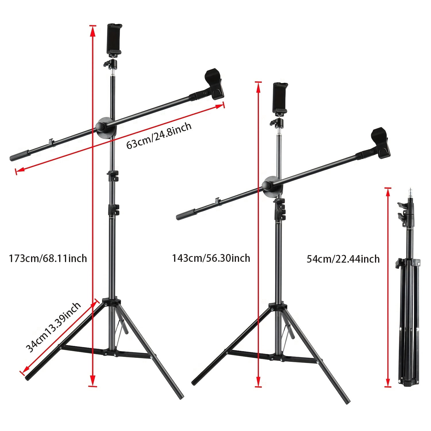 Adjustable Tripod Mic Stand with Boom Arm, Dual Mic Clips & Phone Holder for Live Performances, Stage, Studio, Christmas Gifts
