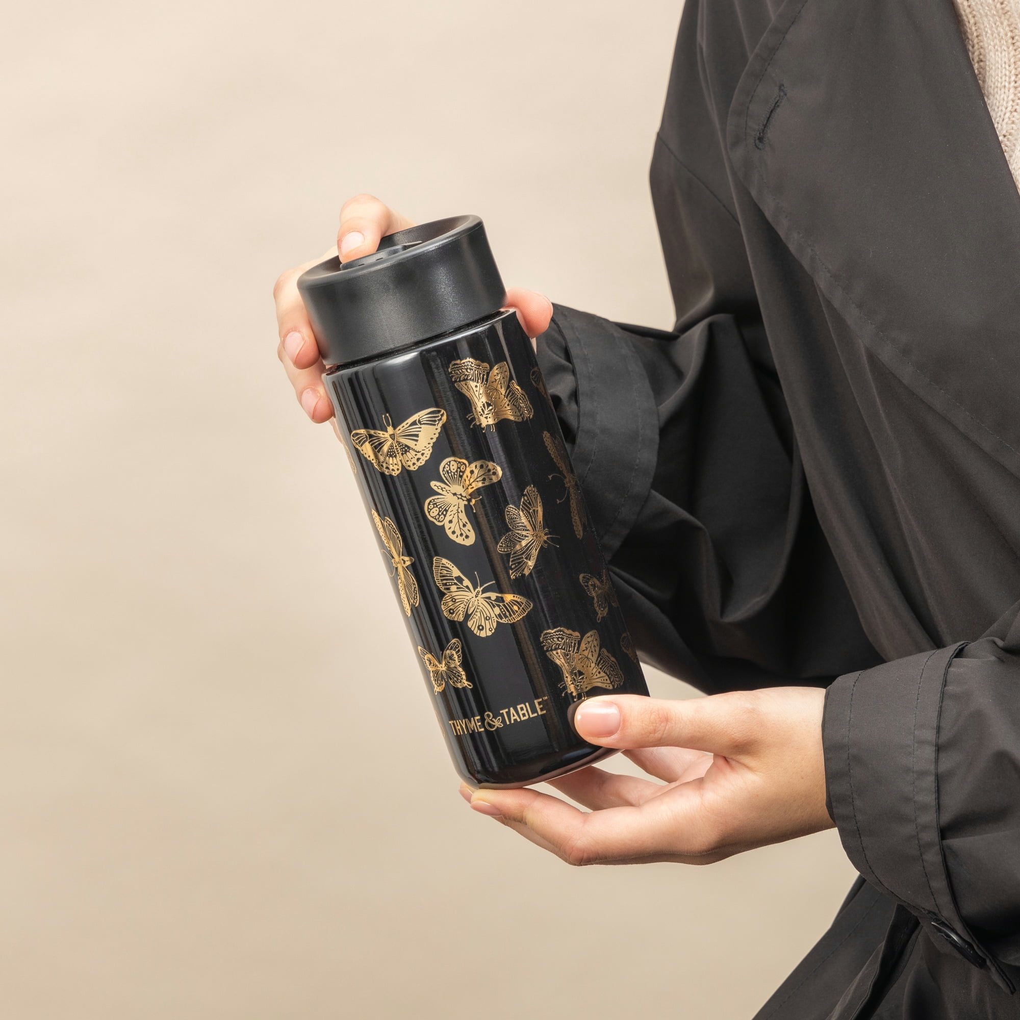 Thyme & Table 22 fl oz Stainless Steel Coffee Tumbler, Black & Gold Butterfly