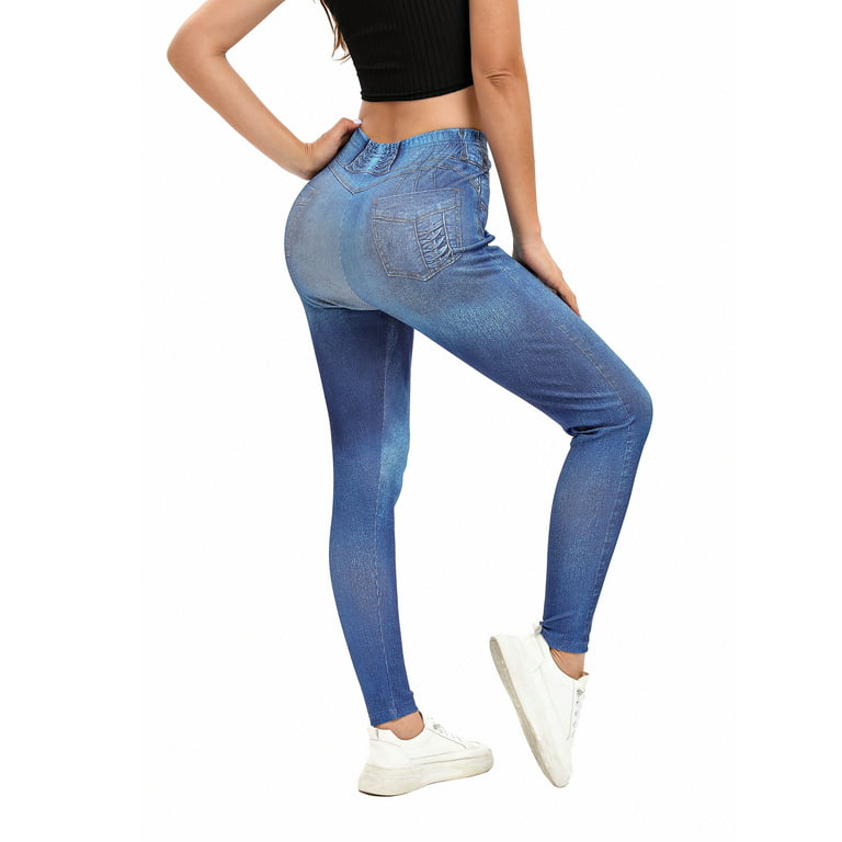 Glonme Ladies Fake Jeans Seamless Leggings Tummy Control Faux Denim Pant  Workout Comfy Jeggings Stretch High Waist Bottoms Blue-D M 