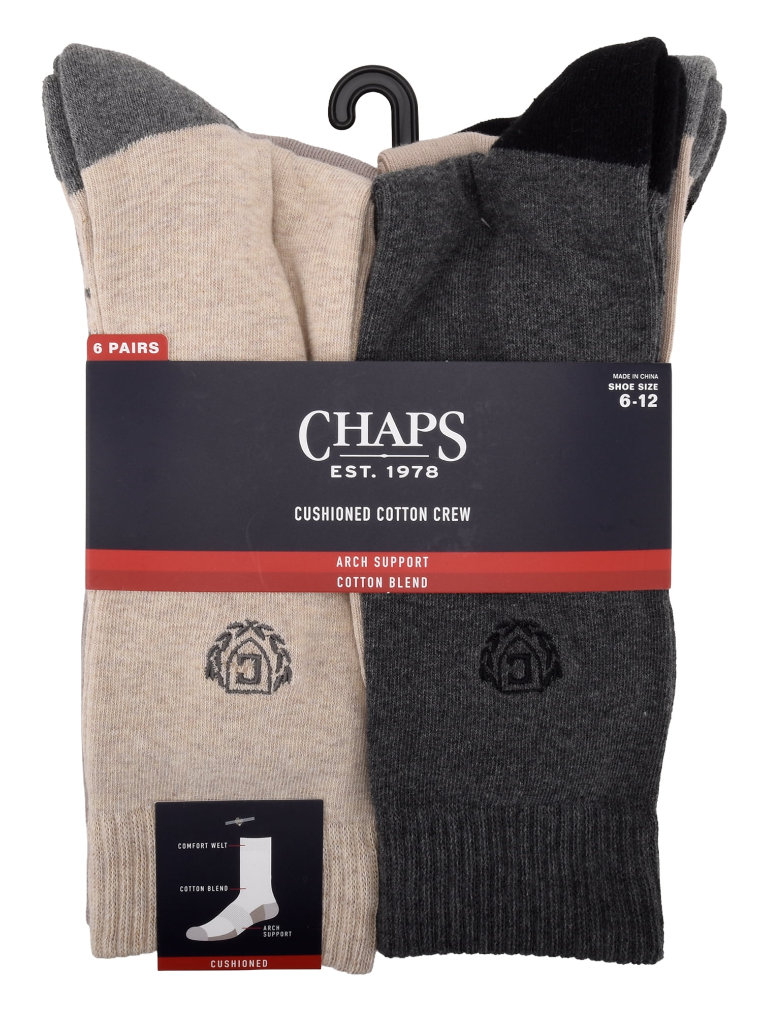 Chaps Athletic Half Cushion Crew 6-Pack Men's, Sock Size 10-13