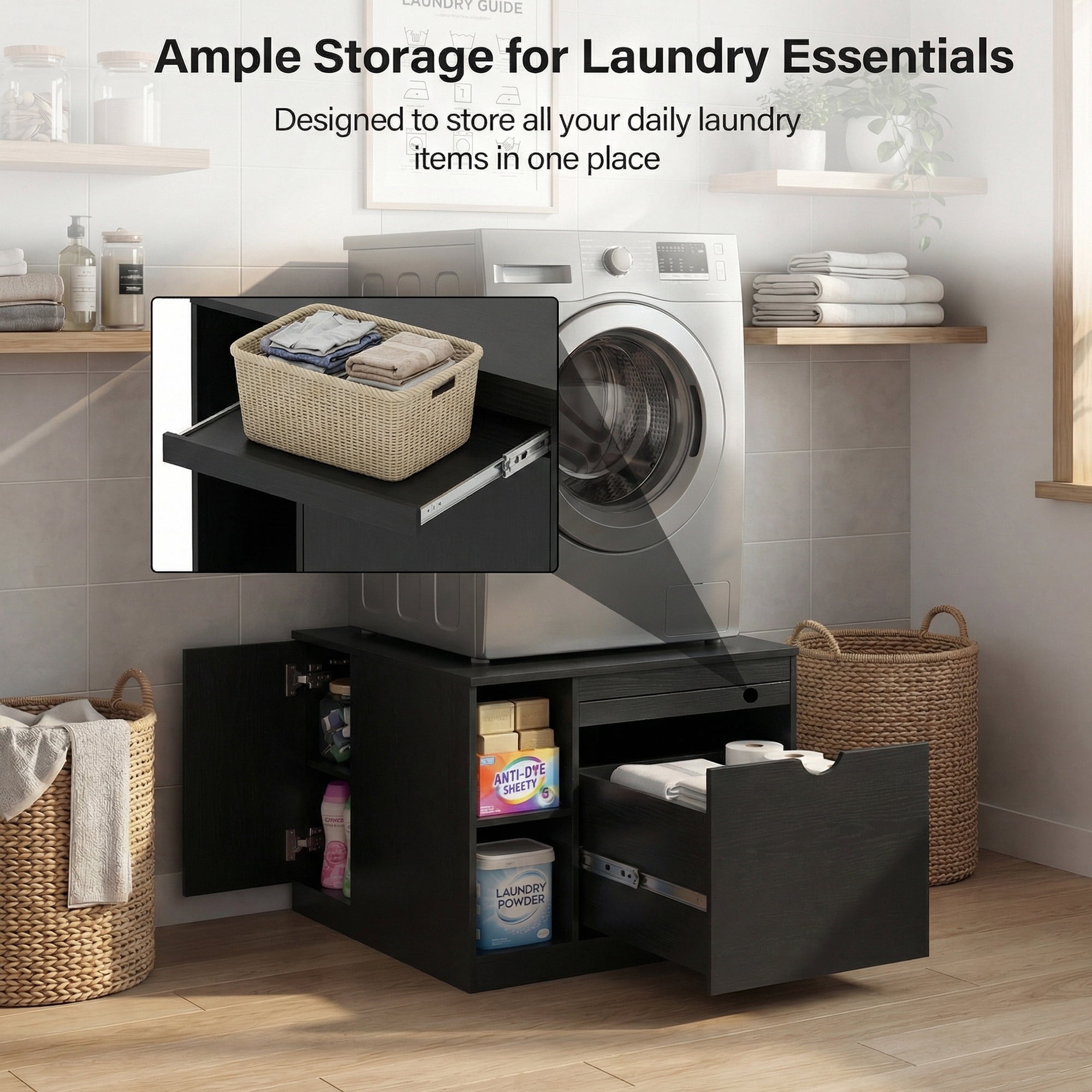 Advwin 29" Washer and Dryer Pedestal, Heavy Duty Washing Machine Stand with Laundry Basket Shelf, Large Drawer, Storage Shelf & Cabinet, Universal Fit Anti-Vibration Laundry Pedestal, Black