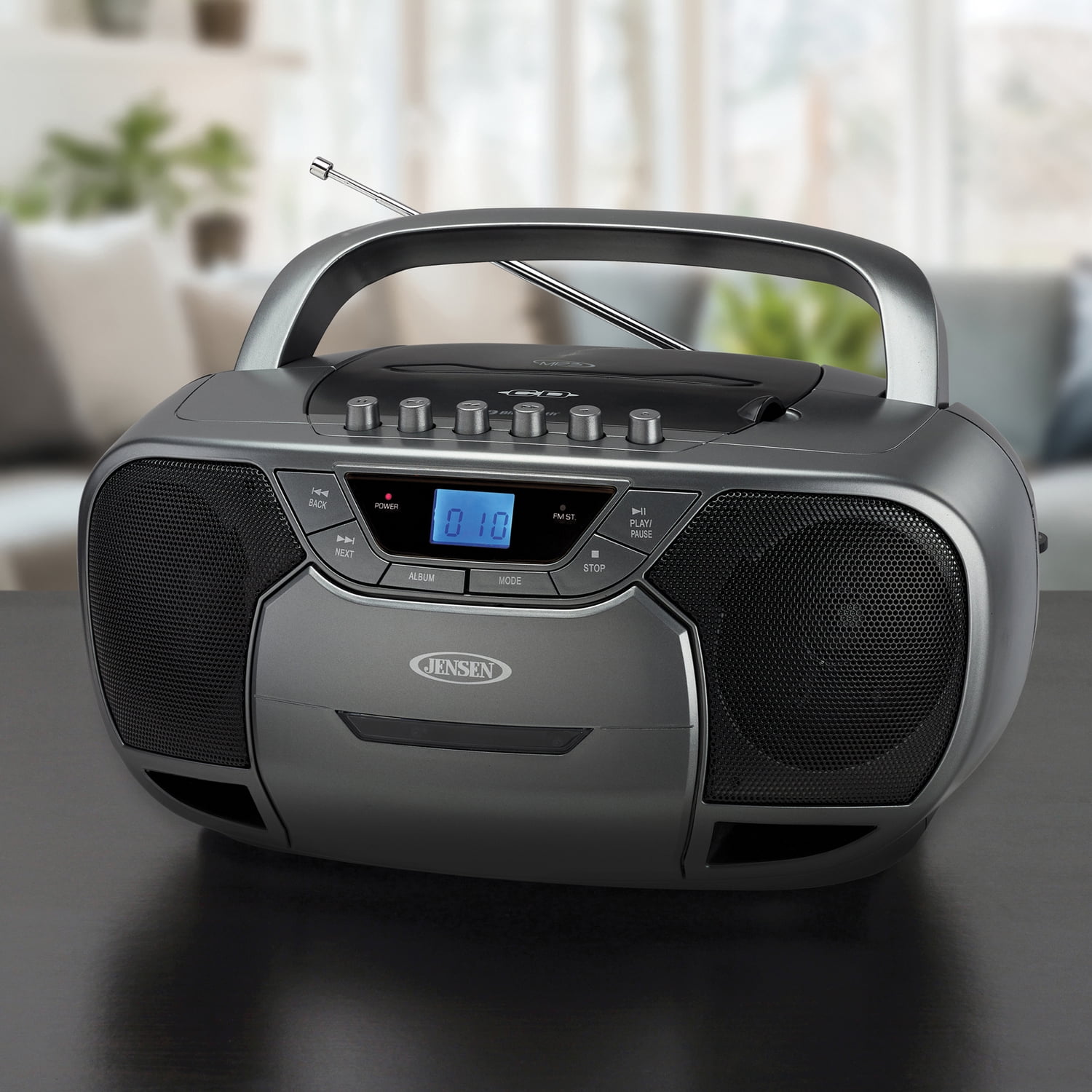 JENSEN CD-590-GR 1-Watt Portable Stereo CD and Cassette Player/Recorder with AM/FM Radio and Bluetooth (Gray)