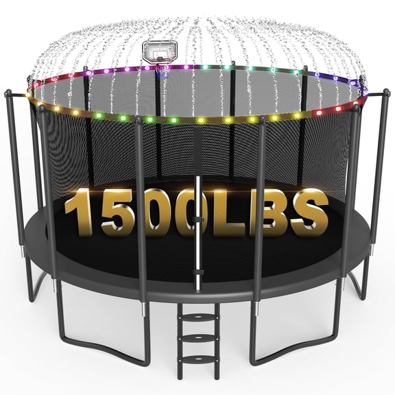 XMIKA 15FT 16FT Trampolines for 8-9 Kids Adults, 1500LBS Trampoline with Enclosure Net, Basketball Hoop, Ladder, Lights and Sprinklers, Outdoor Round Recreational Trampolines, Easy to Install