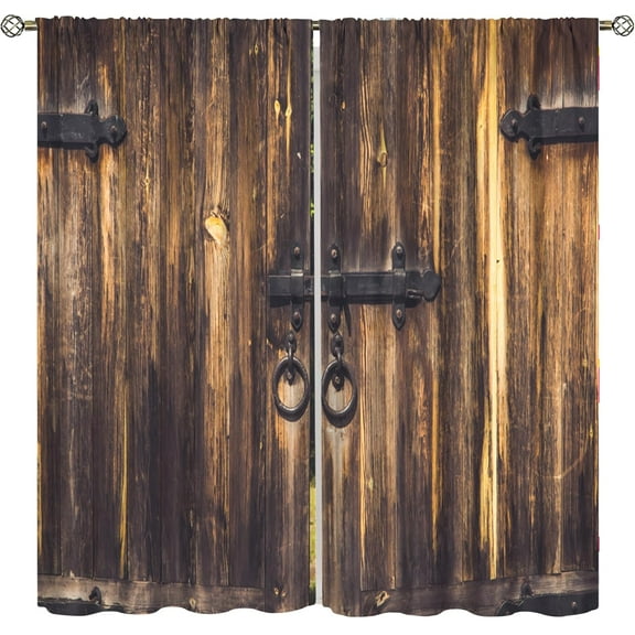 Rustic Curtains for Bedroom, Old Barn Door Wooden Board Living Room Curtains, Rural Hardwood Farmhouse Western Retro Drapes 2 Panel Sets,55x63 Inch