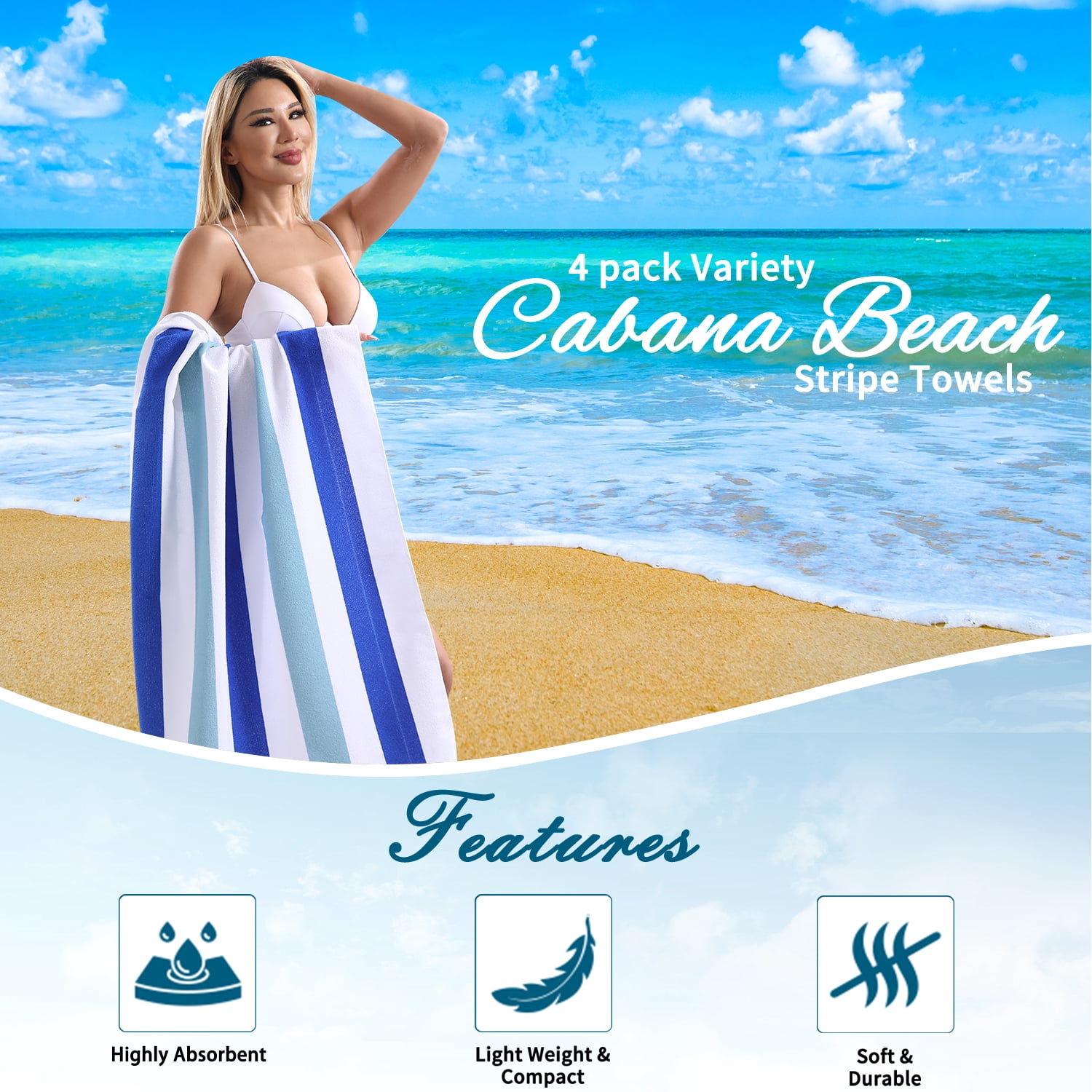 Beartech 4 Pieces Beach Towel Set,30x60 inches Striped Beach Towels Soft Camping Travel Towels, Lightweight Quick Dry Pool Towels for Beach Shower Towels Swim Towels Absorbent for Adults