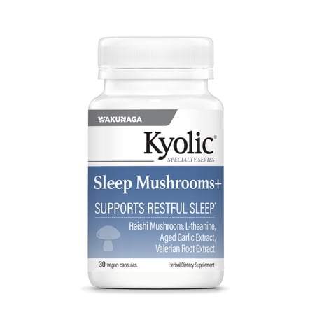 Kyolic Sleep Mushrooms+ - Mushroom & Herbal Dietary Supplement - Supports Restful Sleep & Relaxation* - With Reishi Mushrooms, L-Theanine, Valerian Root Extract & Aged Garlic Extract - 30 Capsules