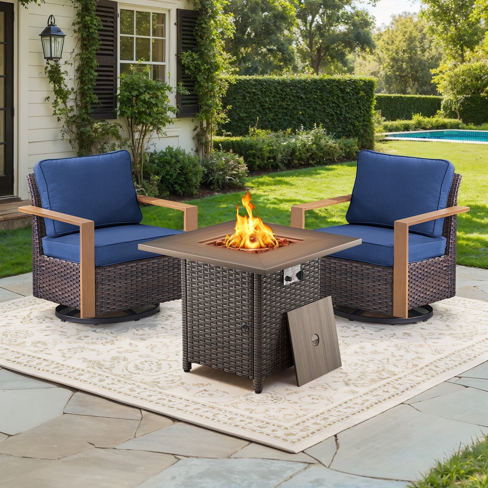 Luxury Patio Furniture Sets with 50000BTU Propane Fire Pit Table,Patio Swivel Glider Patio Chair with Fire Pit Table Outdoor Conversation Sets for Porch Backyard Balcony