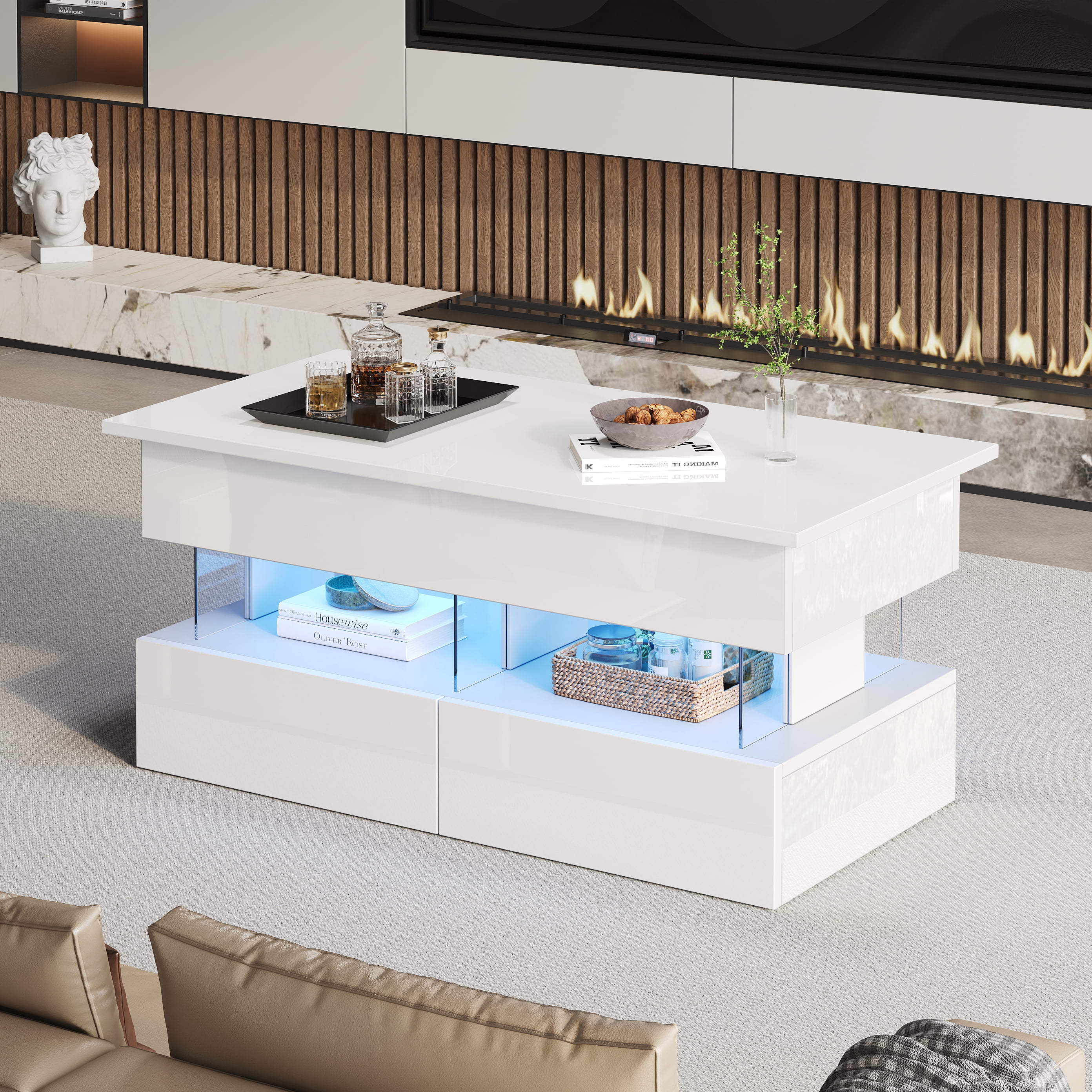 Table basse relevable Noble House avec éclairage DEL et 2 tiroirs, blanche