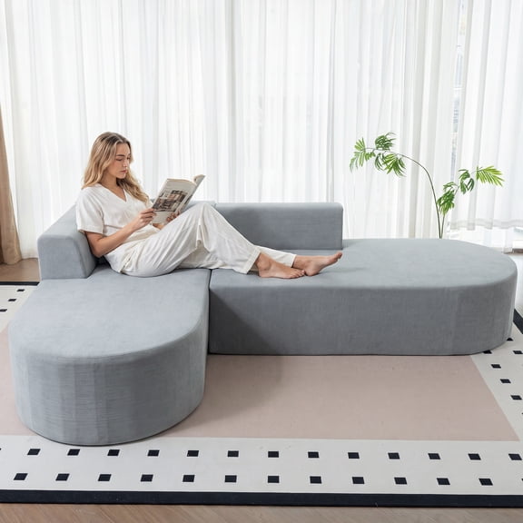 L-Shaped Modular Sectional Sofa, Corduroy Armless Couch with Deep Seats and Movable Ottoman, Comfortable Cloud Sofa for Living Room or Bedroom, No Assembly Required (4-Seater, grey)