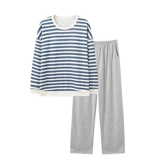 Sngxgn Women's Cotton Long-Sleeve Shirt and Full-Length Pajama Set(Blue,XXL)