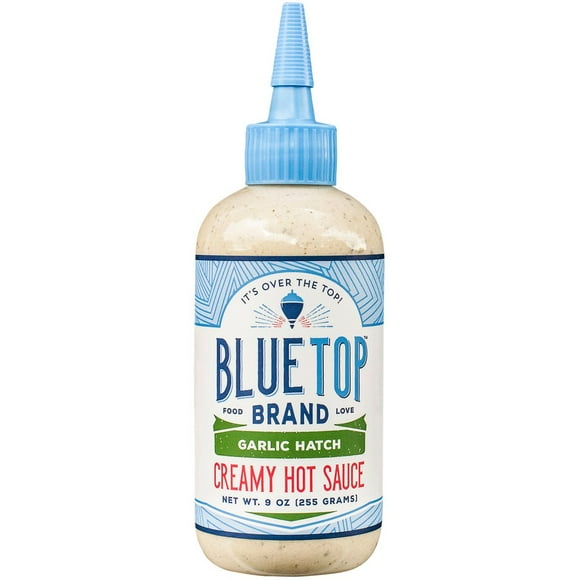Sauce piquante Blue Top Garlic Hatch SALÉ À L’AIL, AUX PIMENTS HATCH ET AU CITRON ACIDULÉ.