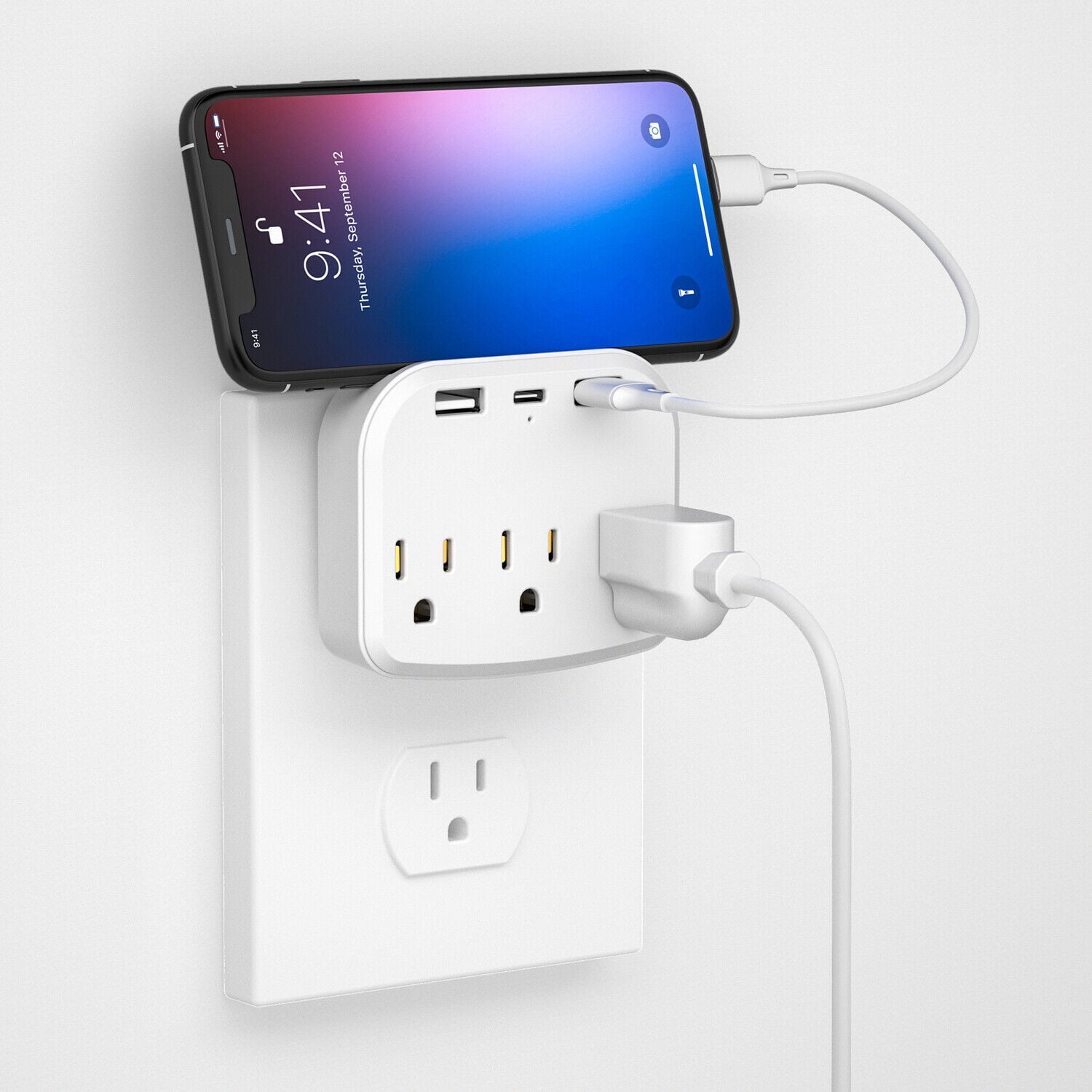 Wall Outlet Extender, Surge Protector 3 AC Outlets Multi Plug Outlet with Shelf, 2 USB and USB C