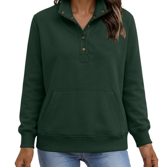 Weikingp Sweatshirts for Women Plain Oversized Sweatshirt Women'S Snap Button Pullover Tops Casual Long Sleeve Stand Neck Lightweight Sweatshirt Jumpers for Women Casual Henley Shirt Green L
