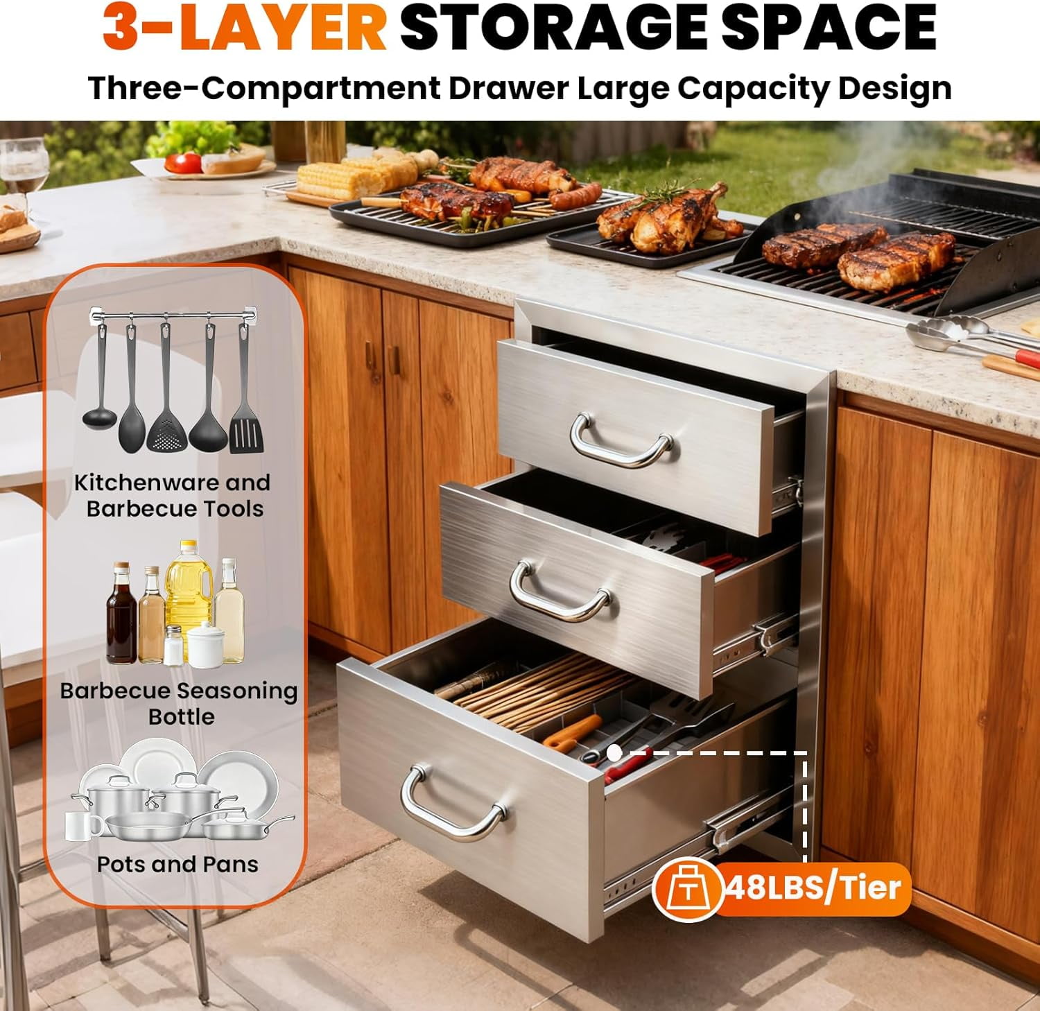 Stainless Steel Flush Mount BBQ Drawer, 18''W x 23''H x 23''D Outdoor Kitchen Cabinets, 3-Drawer BBQ Drawers with 3 x 48LBS/Tier Design for BBQ Island, Grill Area