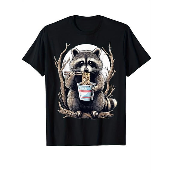 Men's Raccoon Graphic Cotton T-Shirt - Casual Short Sleeve Crew Neck Tee, Black with Colorful Noodle Print, Lightweight & Breathable for Casual Attire