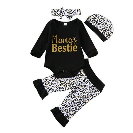 

Newborn Toddler Baby Girls clothes Leopard print Pants bow Headband Geometry Hat Mama s Bestie Bodysuit 3pc Outfit 12-18 Months