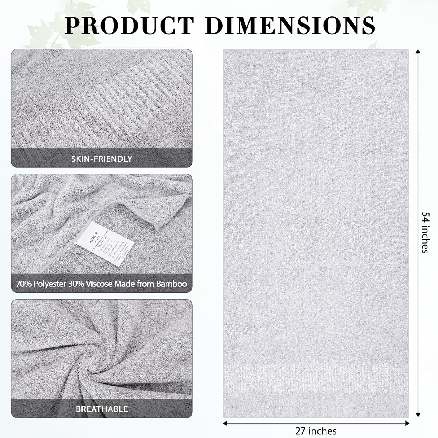 2-Pack 27" x 54" Bath Towels 30%  Viscose Made from Bamboo Ultra Soft & Highly Absorbent Solid Premium Bath Towels for Bathroom, Hotels, Spa and Gym, Light Gray