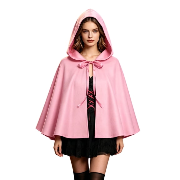 BFHHYA Little Red Riding Hood Cape Womens Short Hooded Cloak with Front Bow Tie Solid Color Flowy Shawl Cloak for Halloween Party Photo Shooting