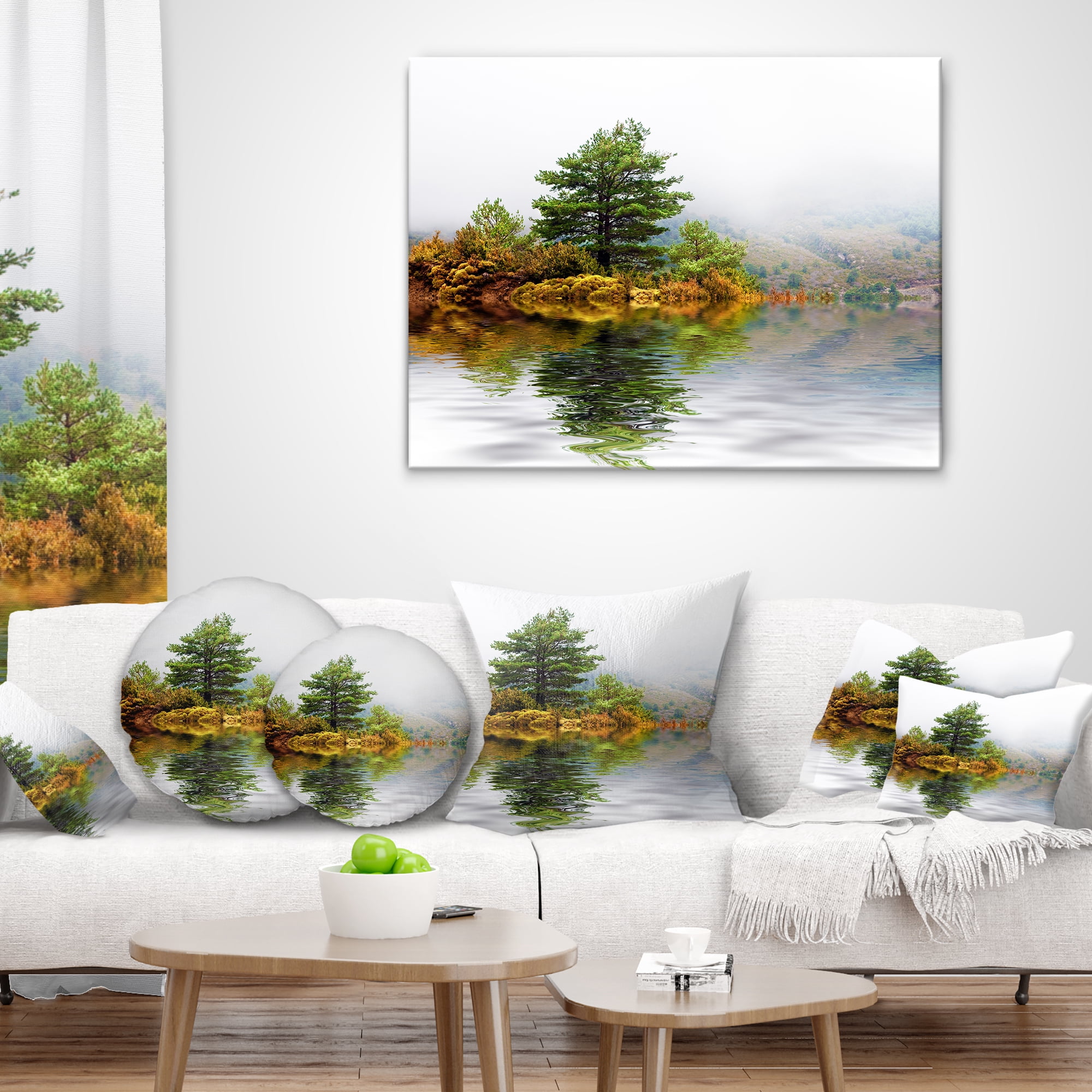Designart Pine Tree with Reflection - Landscape Photography Throw Pillow - 16x16