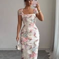 thumbnail image 2 of Aqua Green Womens Floral Mesh Ruched Midi Dress With Square Neckline And Ruffled Cap Sleeves, 2 of 7