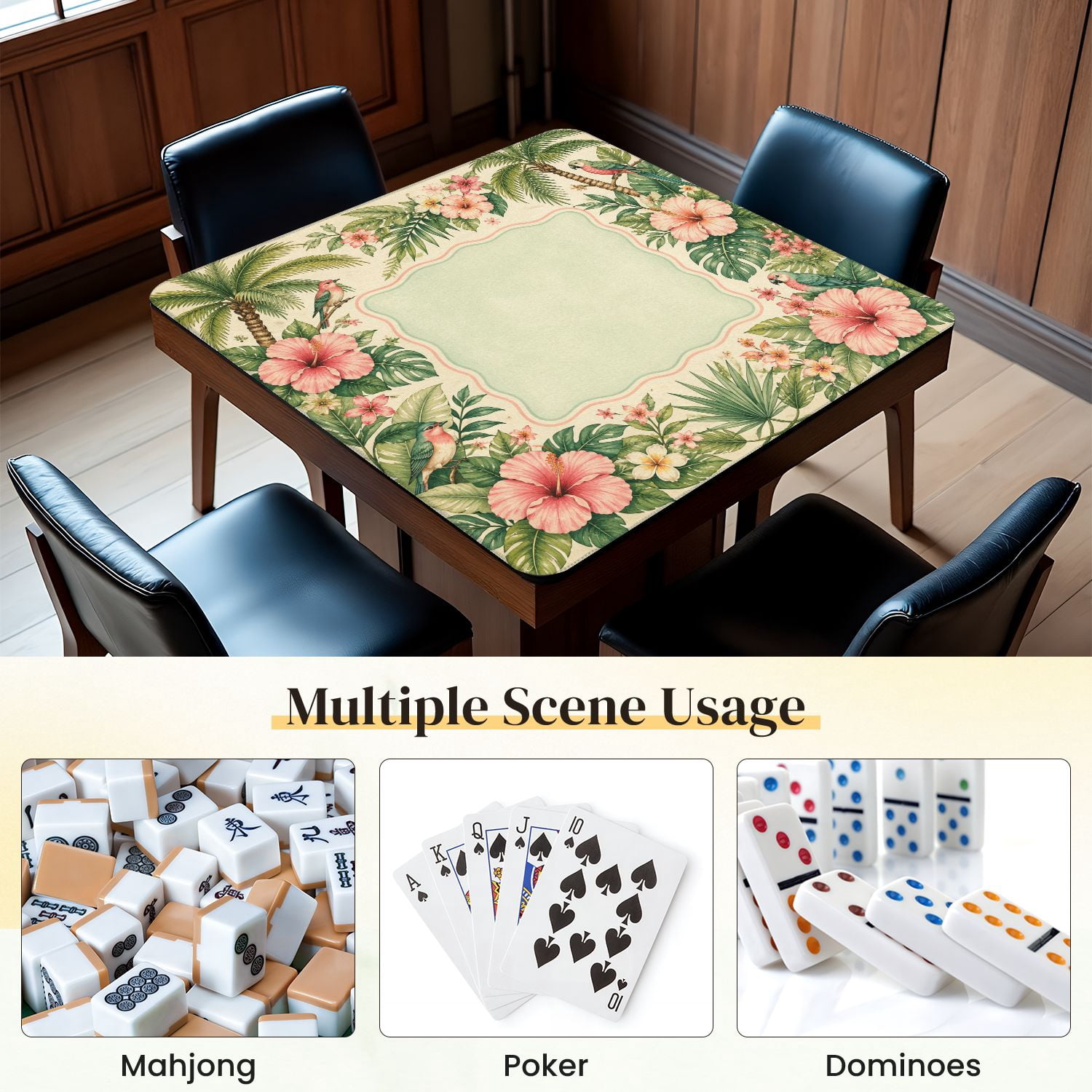 Mahjong Mat 31.5" x 31.5" Tropical Floral Frame Hibiscus Palm Leaves Colorful Birds Non-Slip Noise Reduction Mahjong Tiles Table Cover for Dominoes Poker Card Board and Tile Games