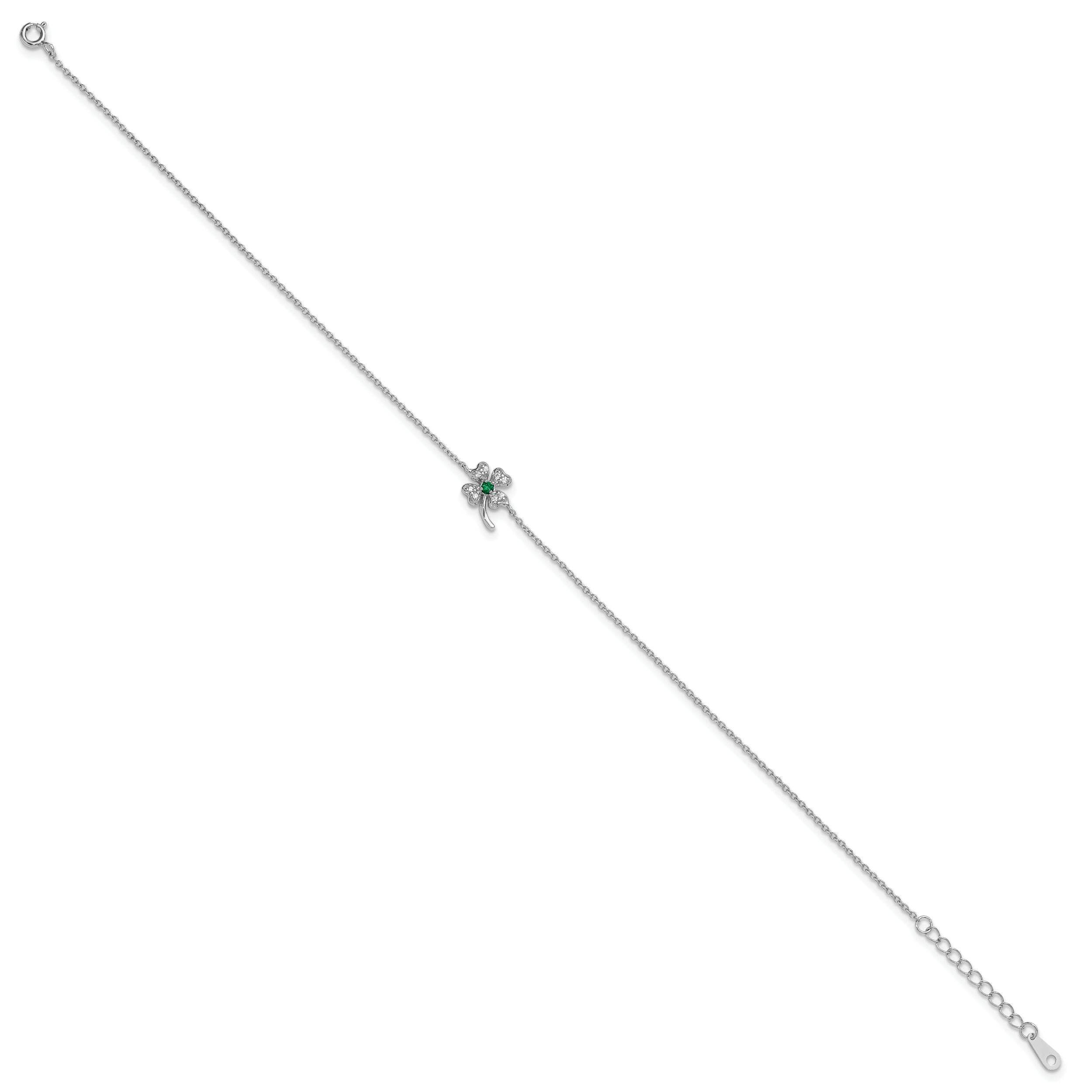 Cheryl M Sterling Silver Rhodium-plated Polished Green and White CZ Four Leaf Clover 9.5 Inch with 1 Inch Extension Anklet