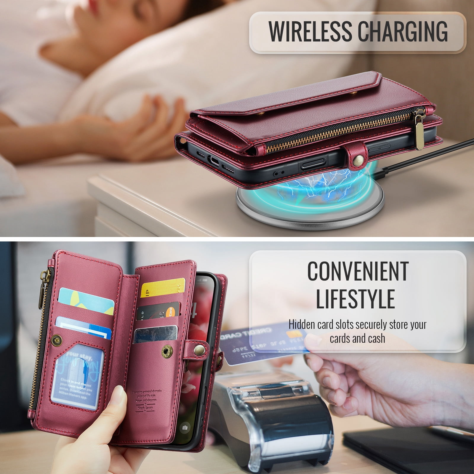 Asuwish Compatible with iPhone 16 6.1 inch Zipper Wallet Phone Case Tempered Glass Screen Protector Crossbody Lanyard Strap Flip Card Holder Slot Cell Cover for i Phone16 i16 16Case Women Wine Red