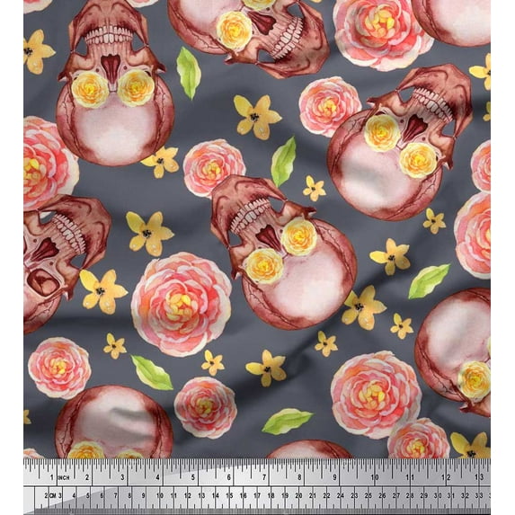 Soimoi Cotton Duck Fabric Skull & Begonia Floral Print Fabric by The Yard 42 Inch Wide