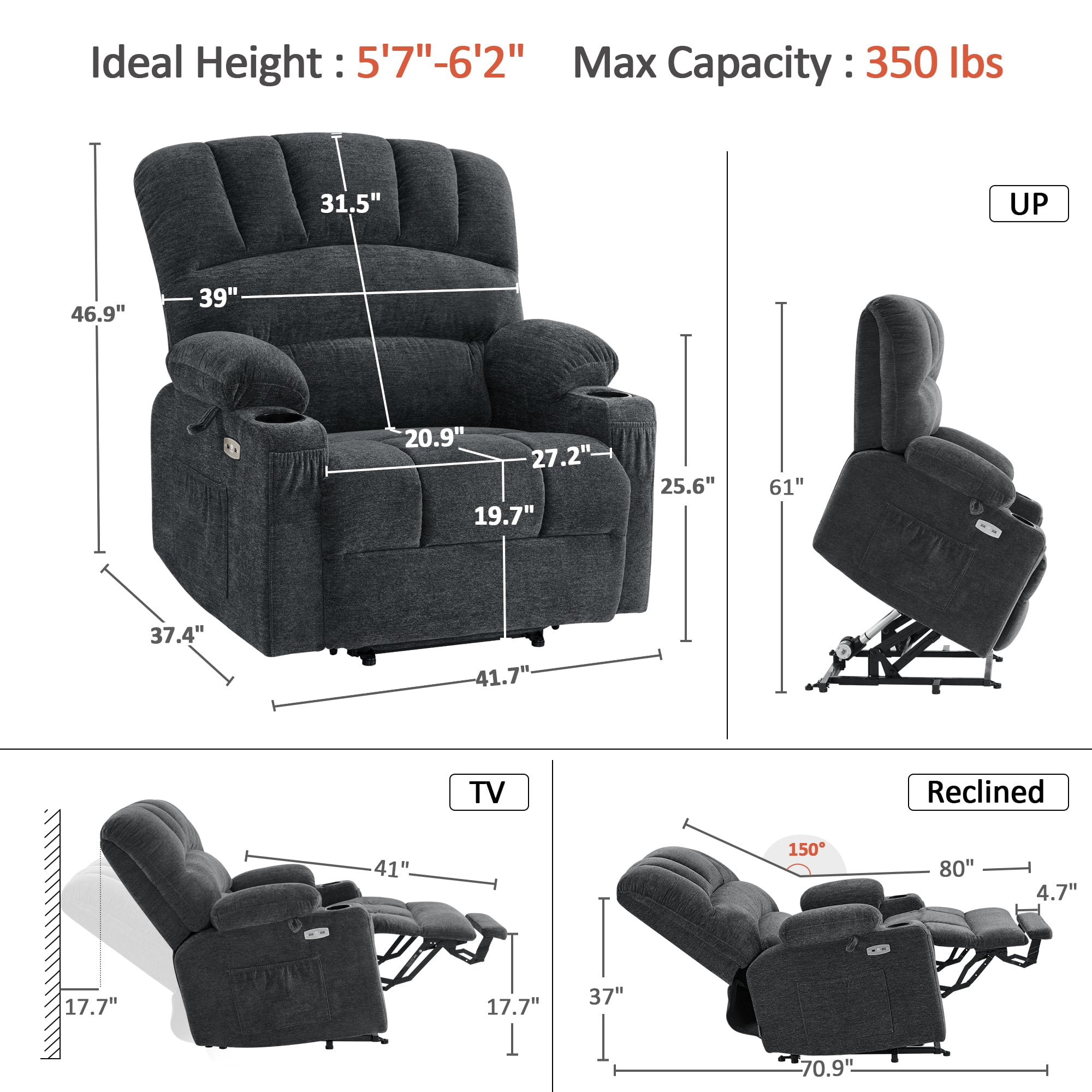MCombo 27.2'' Extra-Wide Seat Oversized Power Lift Recliner for Big Tall, Fabric(Large-Wide, Dark Grey)