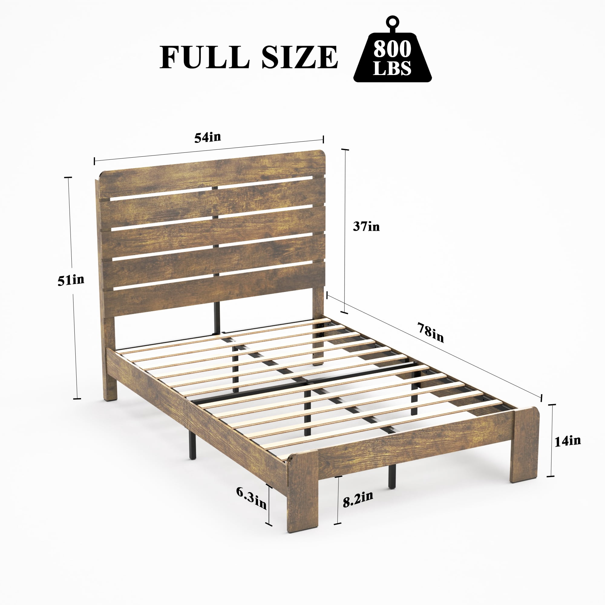 BSHTI Full Metal Wood Platform Bed Frame with Rustic Headboard, No Box Spring Needed, Noise-Free Slat Support for Bedroom（Dark Brown）