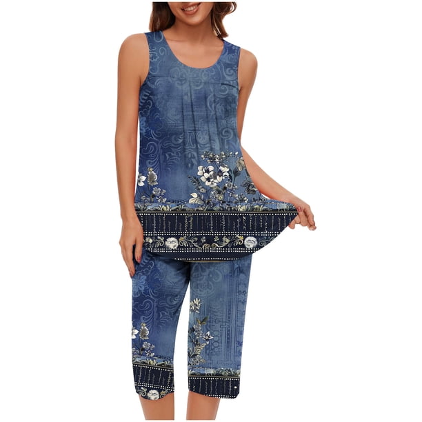 Conjunto de Verano para las Mujeres Casual Impreso sin Mangas Cuello Redondo Y Pantalones Recortados de Dos Piezas