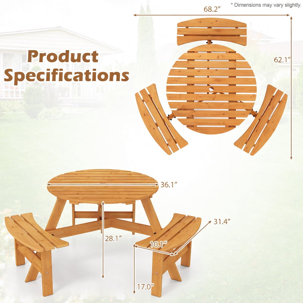 Hommoo 6-Person Round Outdoor Picnic Table Set with 3 Built-in Benches, Umbrella Hole & Weather-Resistant Fir Wood, Yellow