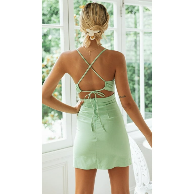 Green Backless Micro Mini Dress Spaghetti Strap Open Back Dance