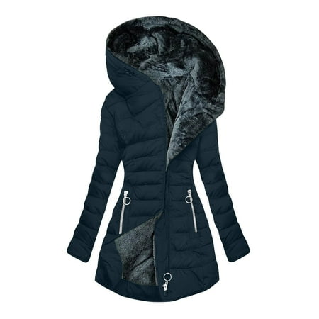 HAPIMO Women s Trendy Long Coats Comfy Long Sleeve Full Zip Hooded Jacket Coat Solid Zip Pocket Quilted Jacket Fall Winter Casual Warm Outerwear Navy XL