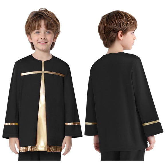 Aislor Boys Liturgical Praise Dance Pullover Top Choir Gowns Metallic Shiny Tunic Shirt Church Robe Worship Black 10