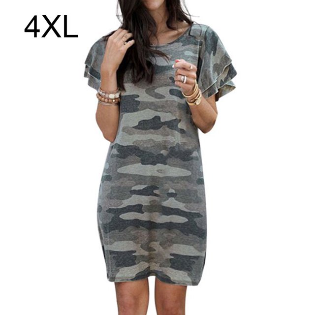 Vestido de mujer Camiseta larga con estampado de camuflaje Vestido suelto de manga corta, Verde militar, 4XL Noticed AP002154-47