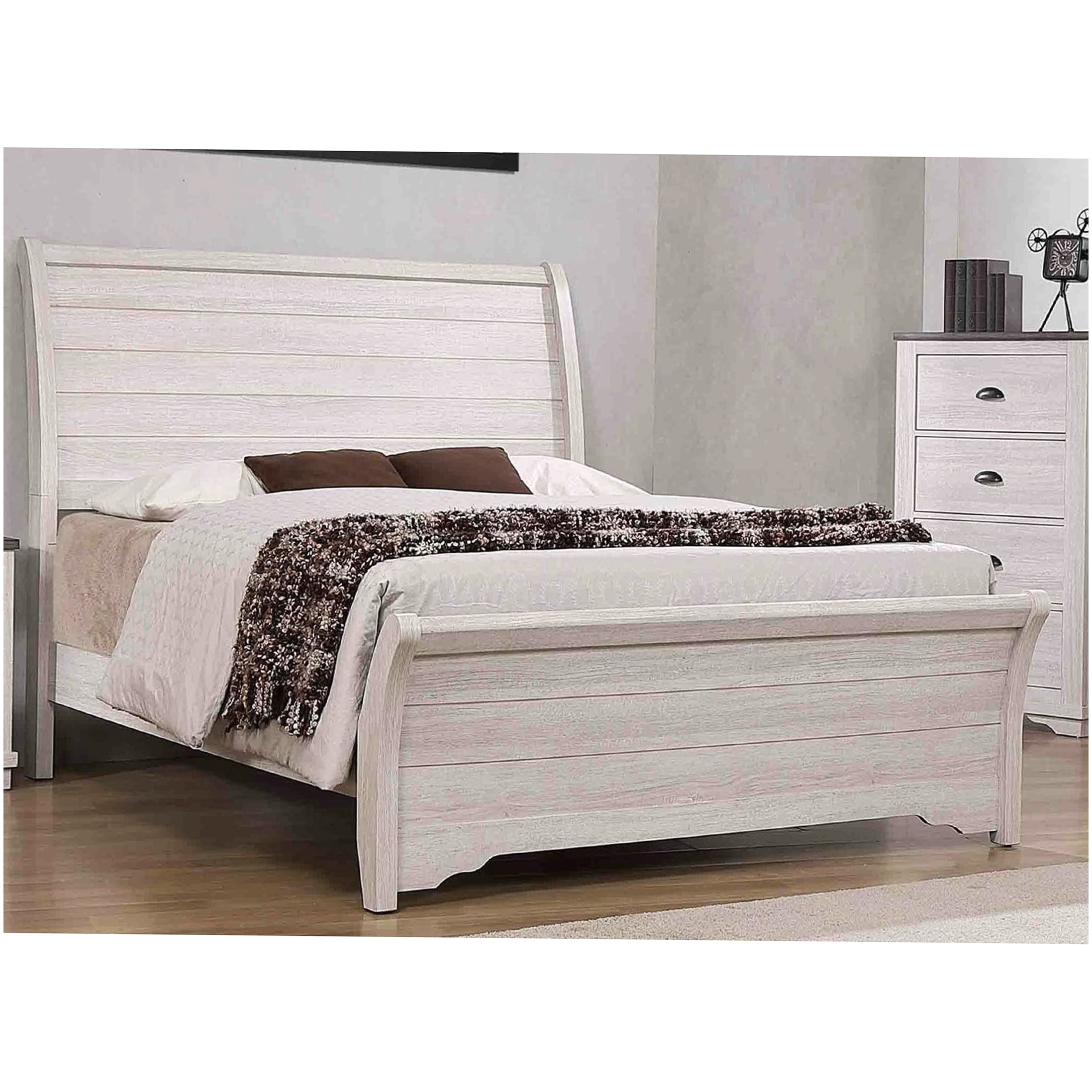 Queen Size Upholstered Bed Frame, Gray Modern Platform Bed with Curved Headboard