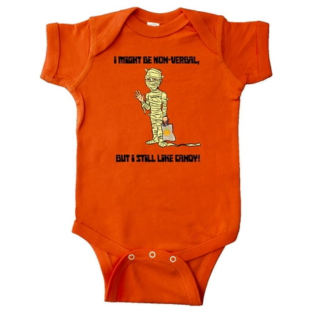 

Inktastic Nonverbal Trick or Treater I might be Nonverbal but I Still like Candy Mummy Gift Baby Boy or Baby Girl Bodysuit