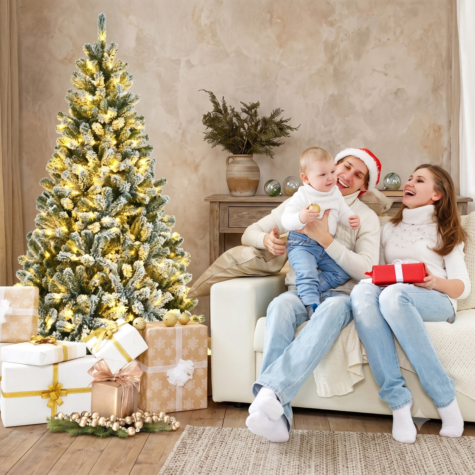 RUIE 6 FT Pre-Lit Snow Flocked Christmas Tree, Artificial Hinged Xmas Tree with 928 Branch Tips, 650 Warm White LED Lights and Foldable Metal Stand for Holiday, Green