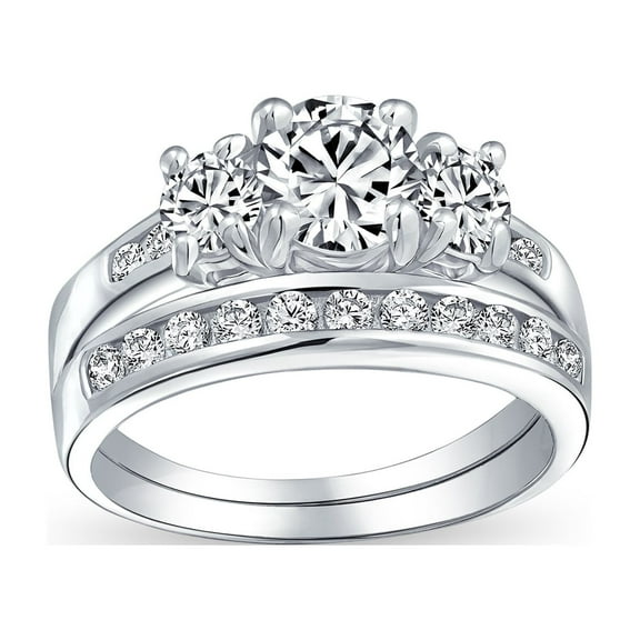 Bling Jewelry Womens Classic 3CT Round 3 Stone CZ Past Present Future Solitaire Engagement Ring Set Band Sterling Silver