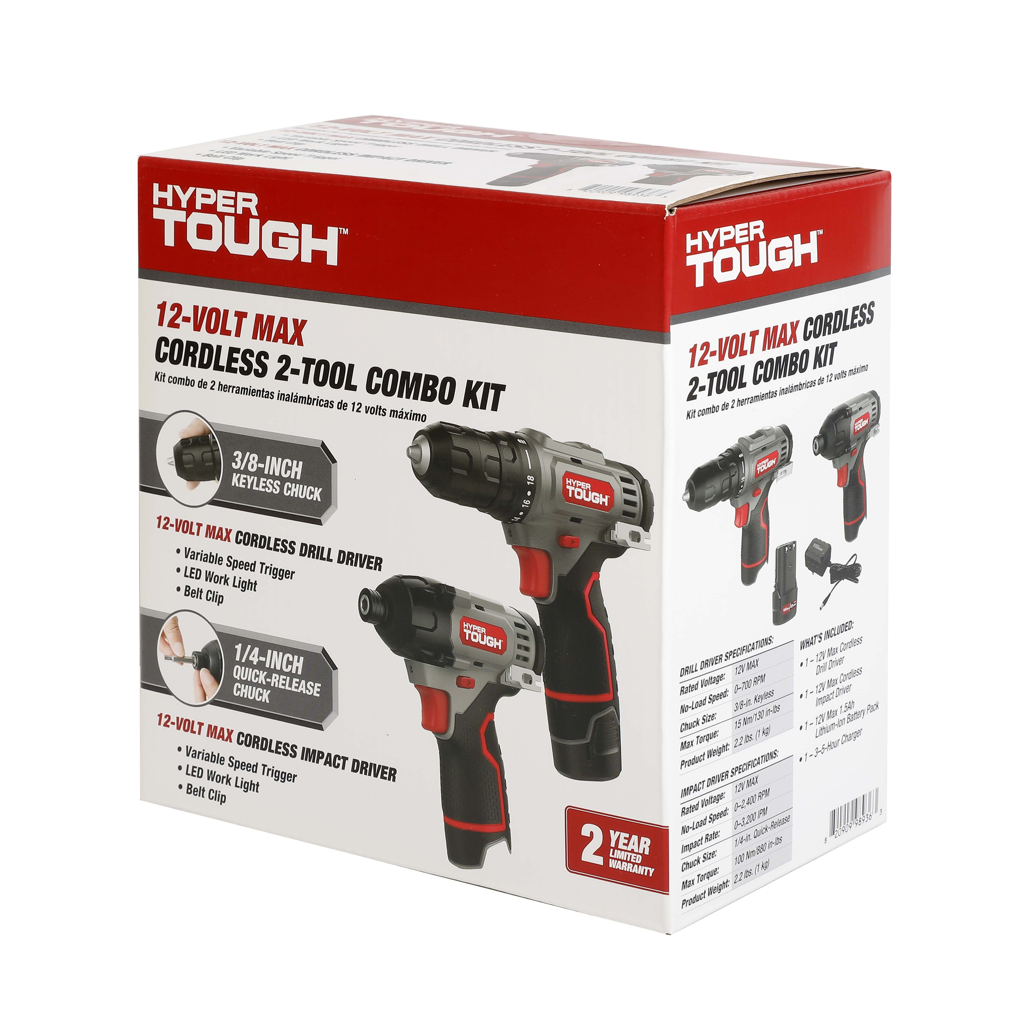 Hyper Tough 12V Max Cordless 2 Tool Drill and Impact Driver Combo Kit 3 8 inch Keyless Chuck 98936 New Walmart