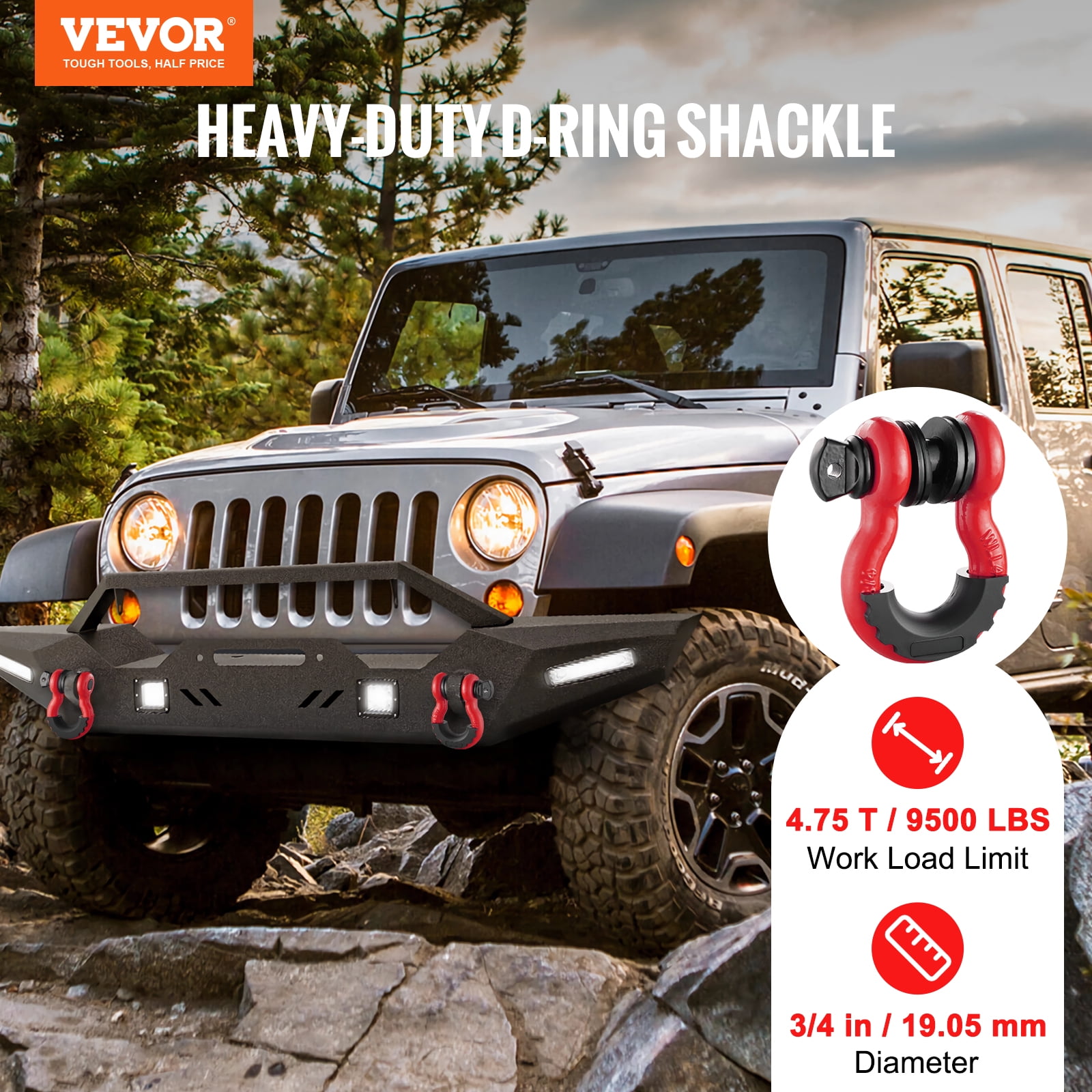 VEVOR 3/4" D-Ring Shackle, 2 Pack Alloy Steel Shackles 62832 lbs (28.5 Ton) Break Strength with 7/8" Screw Pin, Isolators & Washers, Heavy Duty Off Road Vehicle Recovery Shackle for Jeep Truck, Red