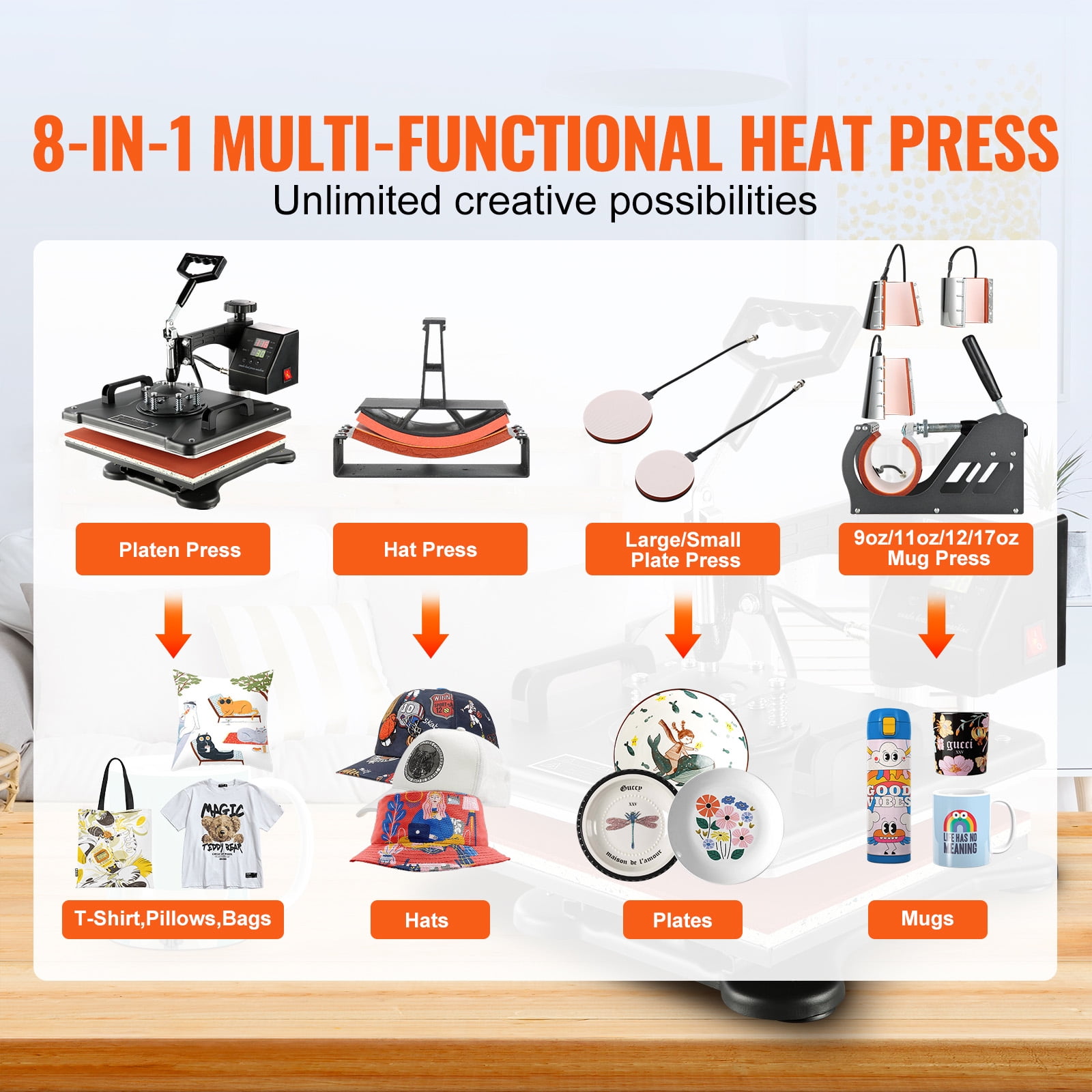 KFFKFF Thermal Transference Apparatus, 8-in-1 Electronic Versatile Heat Press 12x15 inch, Full Circle Swivel Capability for Printing on Shirts, Cups, Baseball Caps, Headwear, Dishes