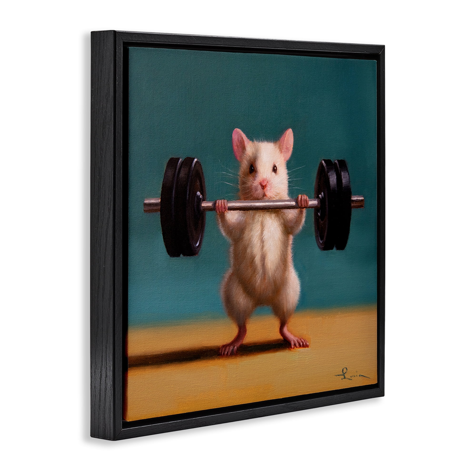 Stupell Industries Power Lifting Mouse Animals Painting Black Floater Framed Canvas Art Print Wall Art, 25 x 25