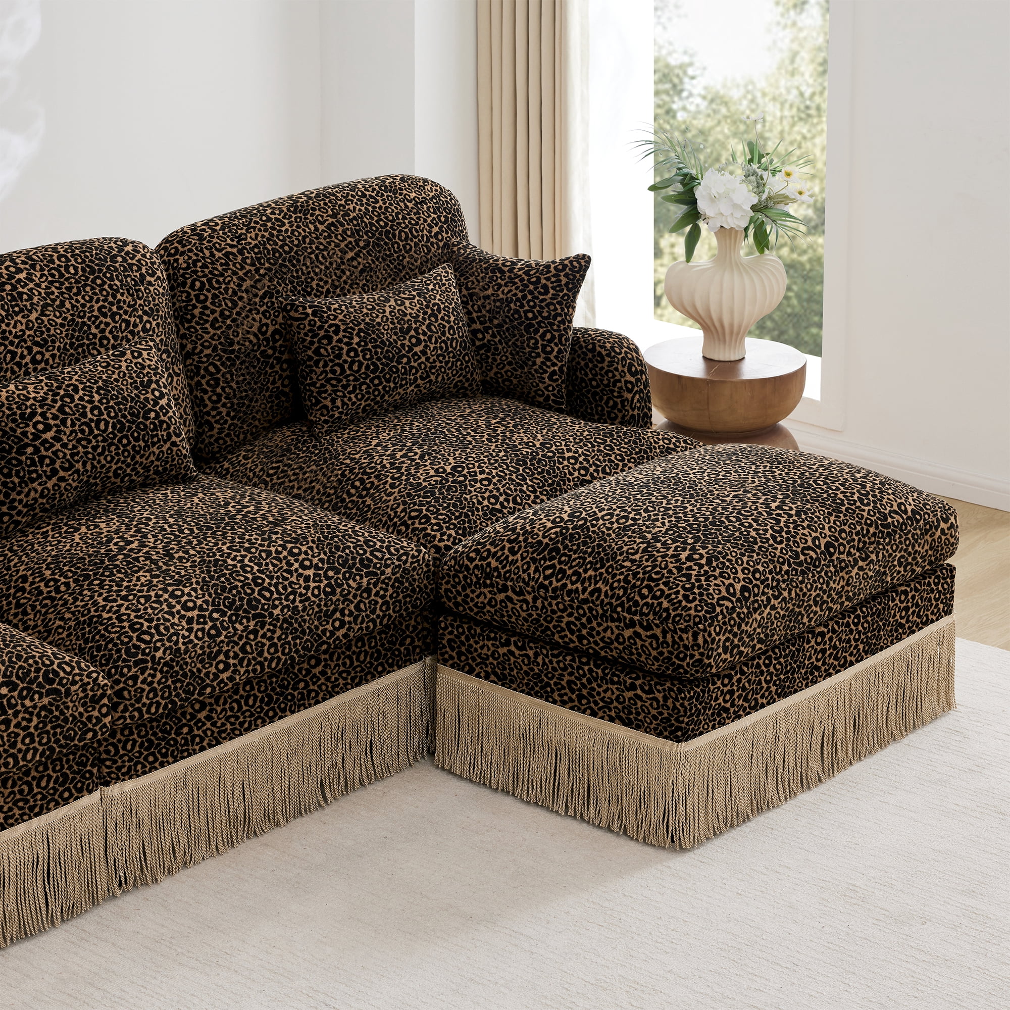 131" Chenille Leopard Tassel Deep Seat L Shape 4 Seater Modular Sofa Couch with 6 Throw Pillows and Ottoman