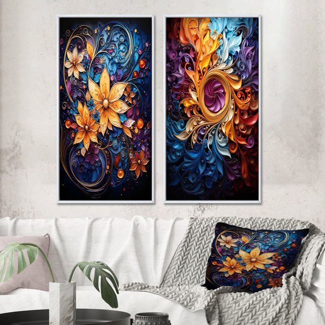 Designart "VORTEX Kaleidoscope II" Abstract Spirals Framed Wall Art Set Of 2 - Gold Abstract Gallery Wall Frame Set For Home Decor