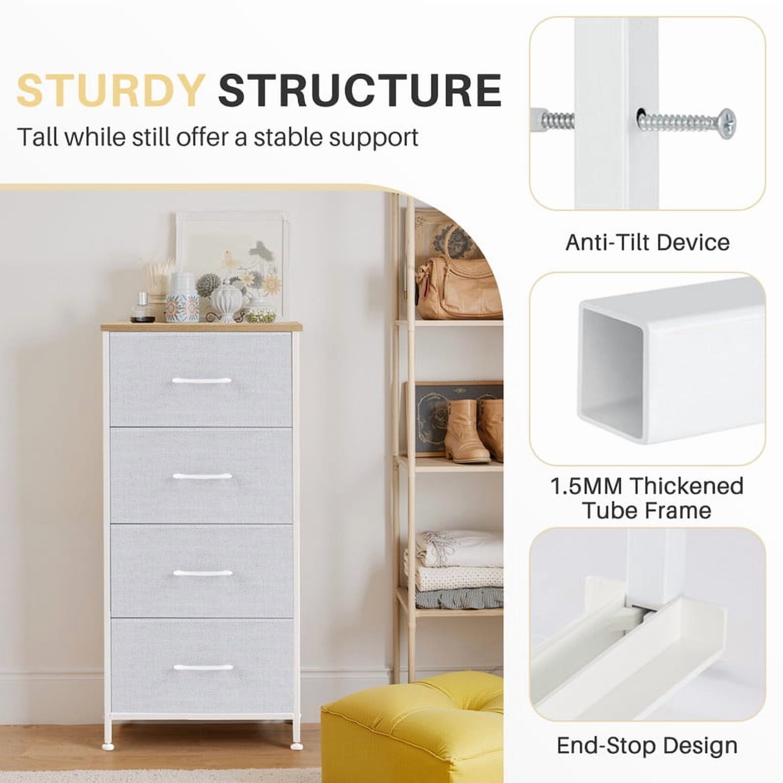 Simenmax 4 Dresser, Storage Drawers with Removable Fabric Bins, Fabric Closet Chests Organizer for Bedroom, Closet, Living Room, Light Gray