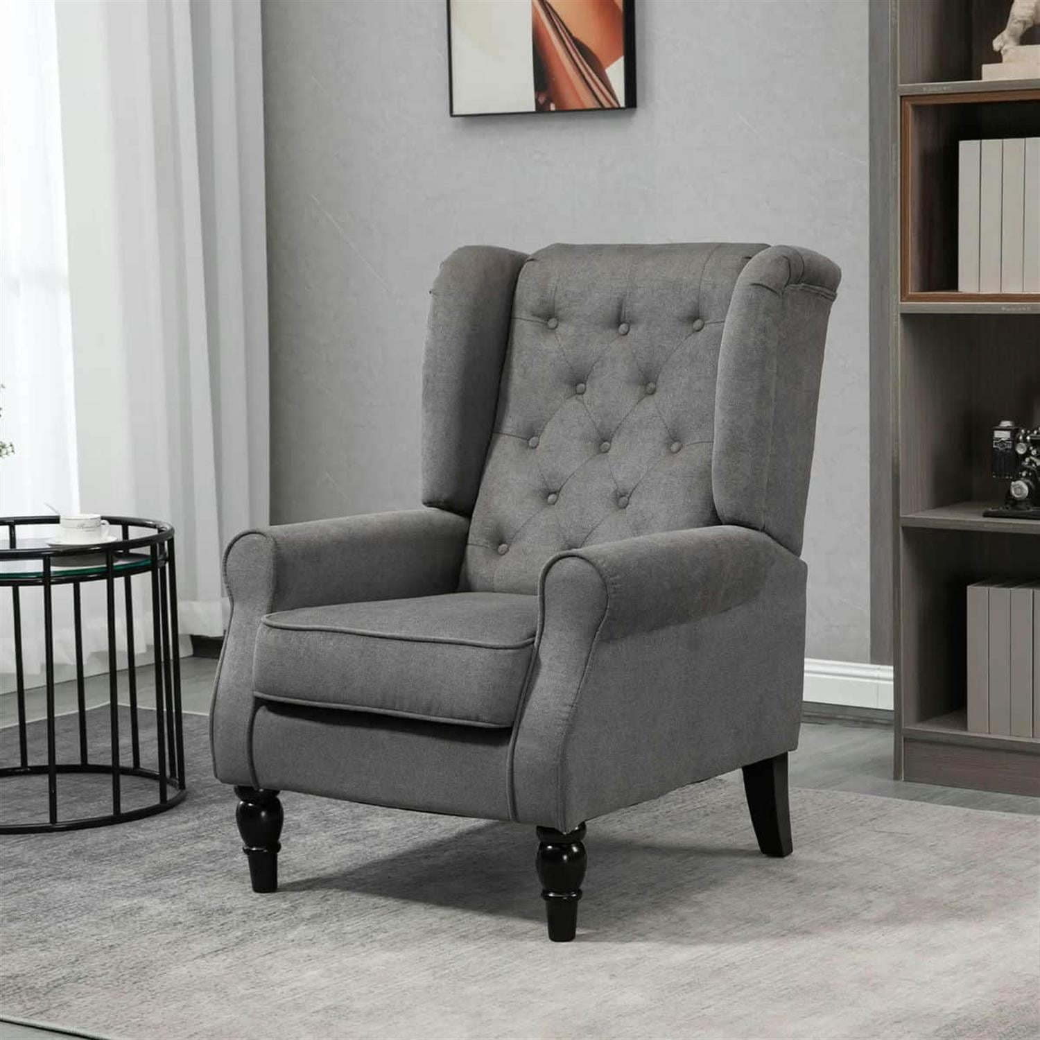 Demi Bonn 40" Modern Upholstered Armchair with High Back Button Tufted, Mid-Century Retro Wood Leg Chair for Living Room, Bedroom, Dark Gray