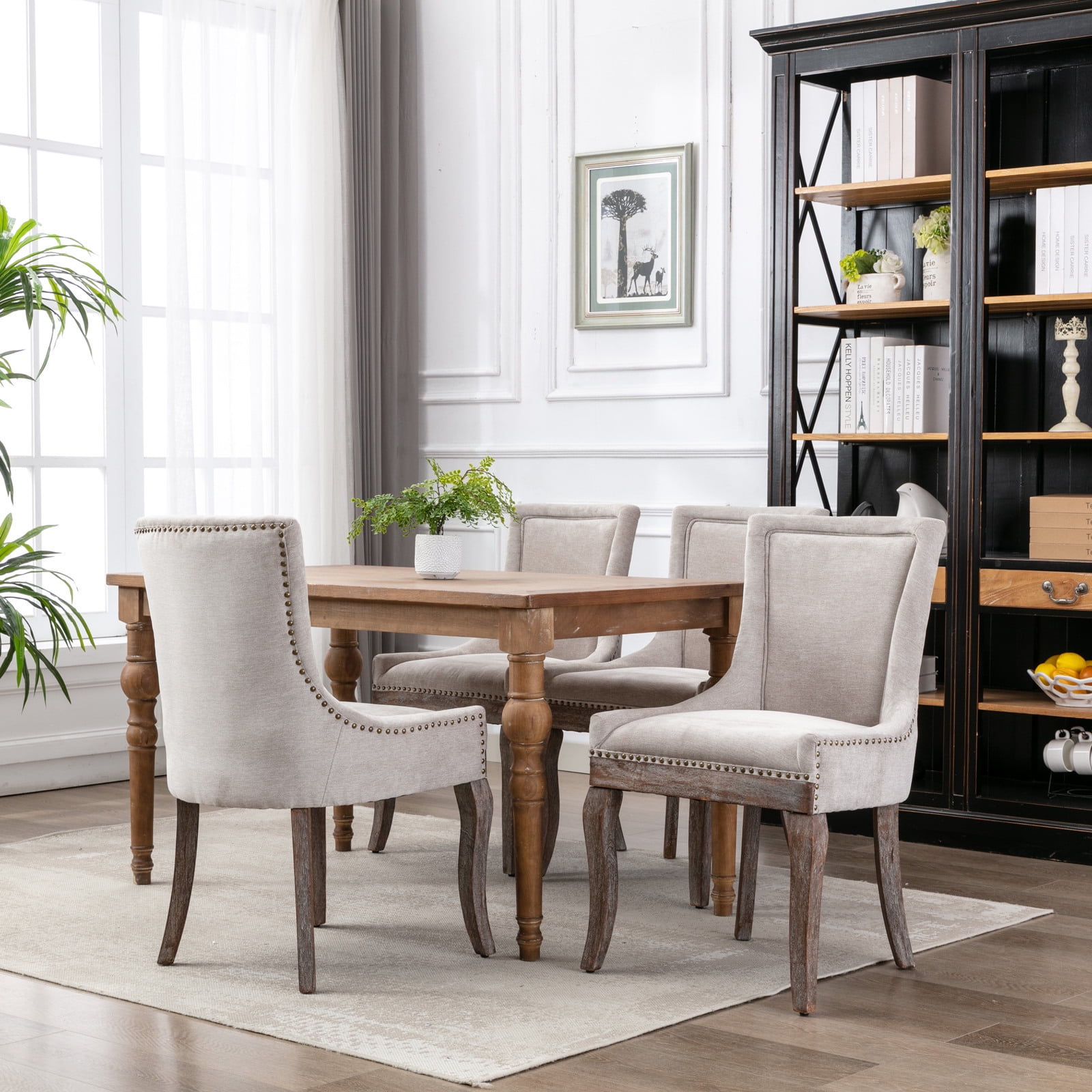 Gewnee Set of 2 Side Dining Chairs, Fabric Upholstered High Back Dining Table Chairs with Solid Wood Legs for Dining Room & Kitchen,Beige